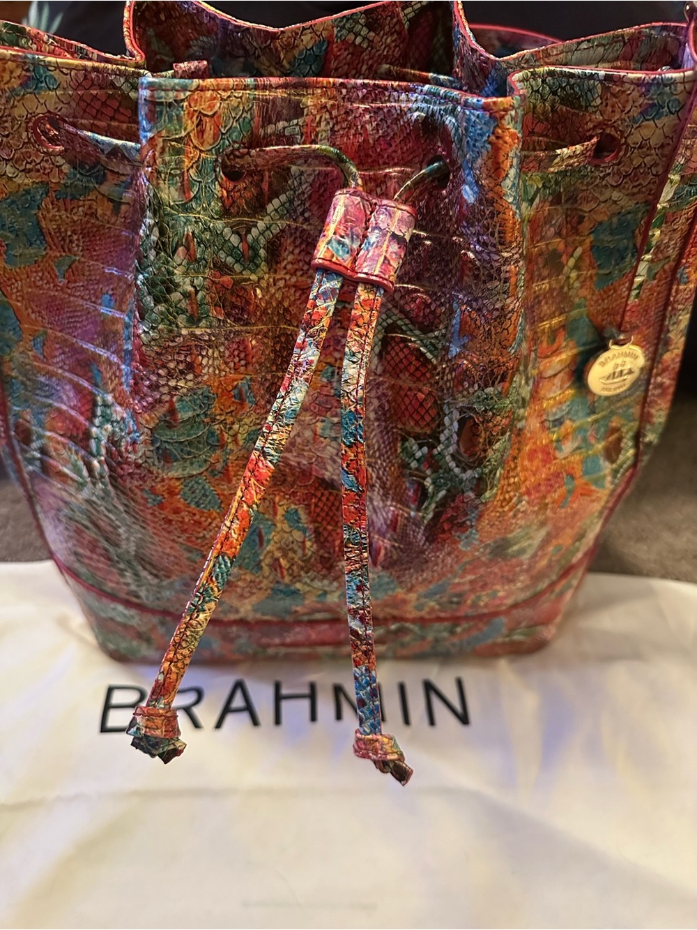 Brahmin Multicolor Drawstring Bucket Bag - Vibrant Floral Embossed Leather